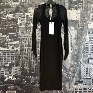 Club L London Off Track Dress Black Sheer Sleeve Bodycon Midi NWT Size US 4
